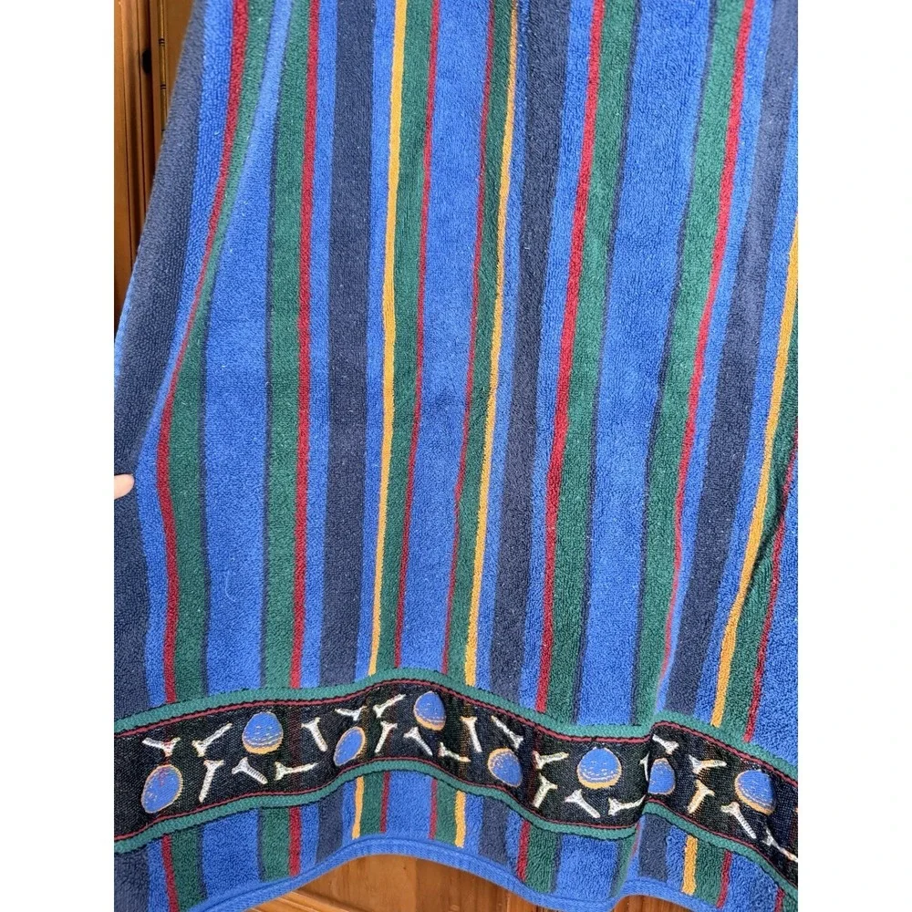 Vintage Retro 90s Beach Towel Golf Balls & Tees Plush Stripes Blue Green Yellow